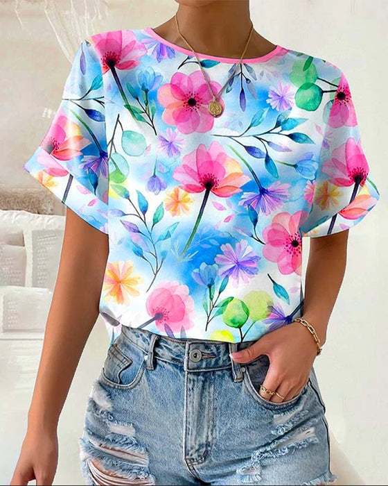 Bluse Bedruckt Rundhals Kurzarm