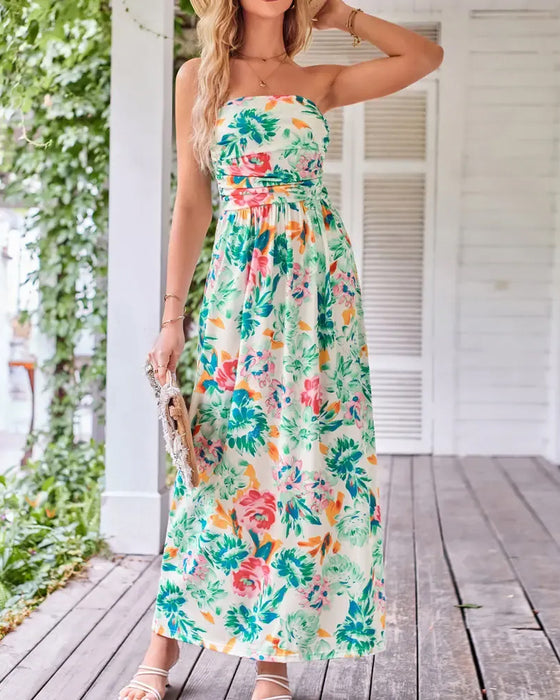 Kleid Blumen Trägerlos Taille A-Linie