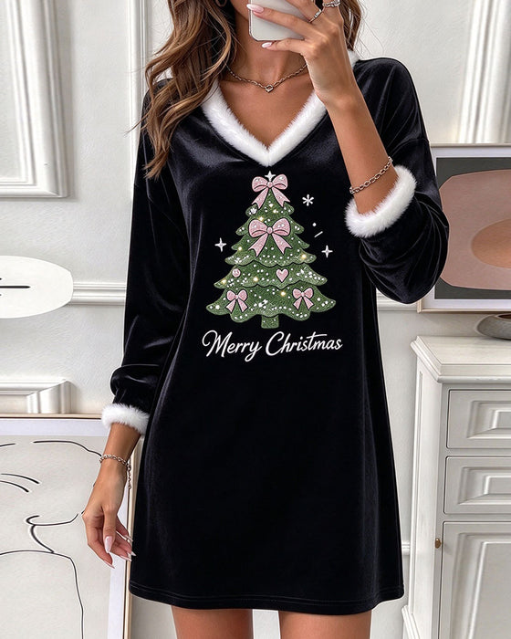 Kleid V-Ausschnitt Pelz Kragen Weihnachtsbaum Langarm