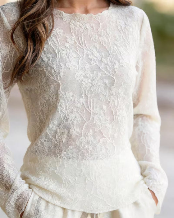 Bluse Rundhals Spitze Sheer Tailliert