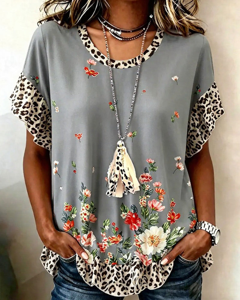 T-Shirt Leopard Patchwork Blumenprint