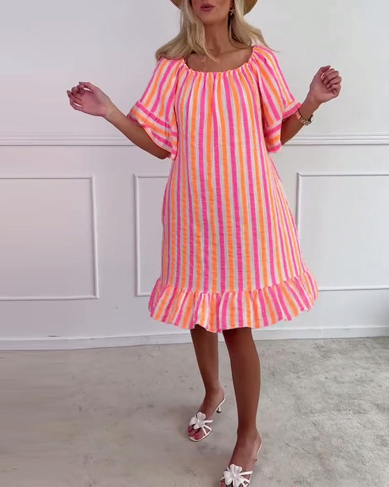 Kleid Rundhals gestreift plissiertes Shiftkleid