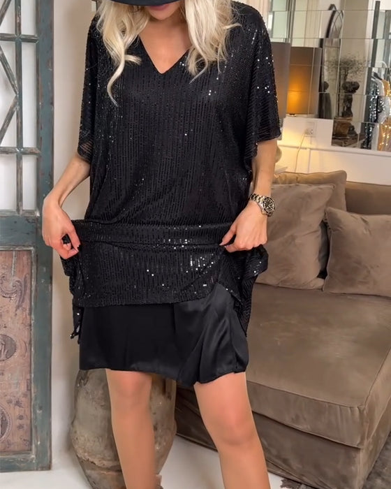 kleid v-ausschnitt pailletten casual