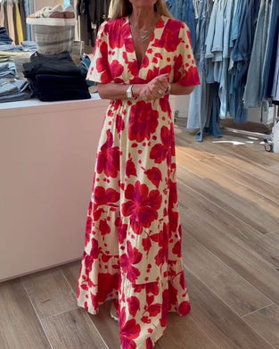 Kleid Tief V Resort Taille Gedruckt