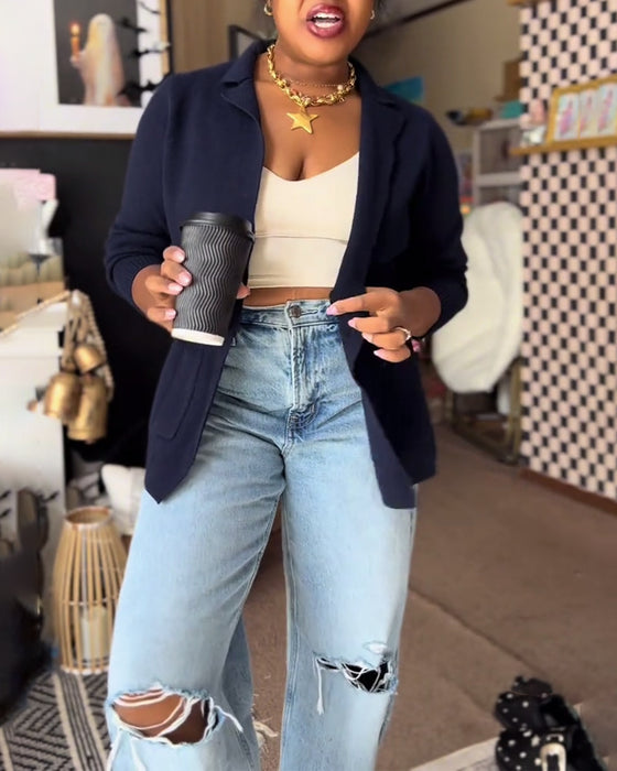 Bequeme Strickjacke in Unifarbe mit Tasche