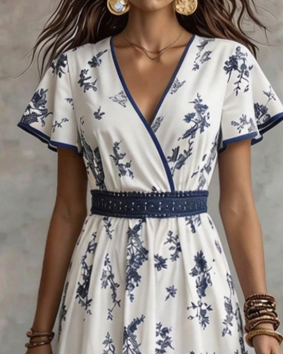 Kleid V-Ausschnitt Taillengerafft Blumen Maxi
