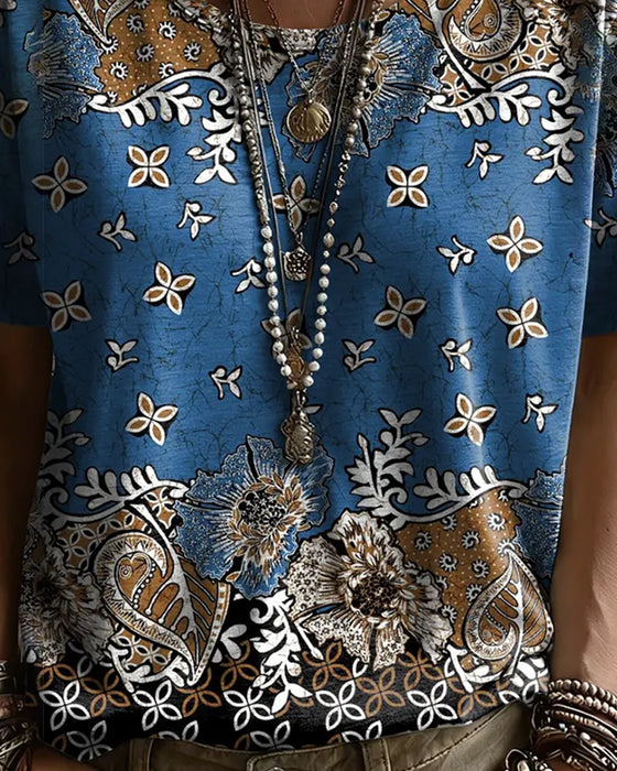 T-Shirt Vintage Blumig Farbblock Rundhals
