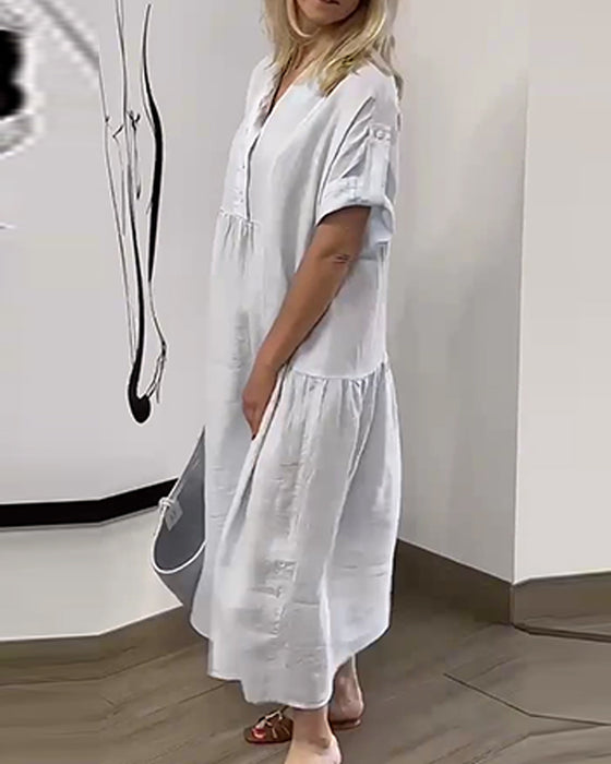 Kleid V-Ausschnitt Knopf Plissiert Weiter Rock