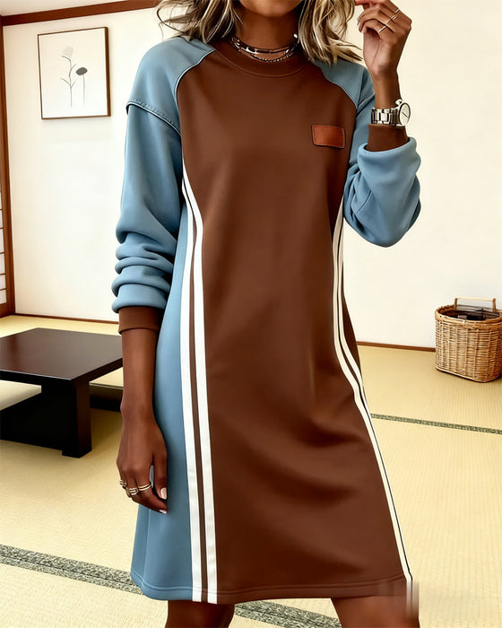 Kleid Langarm Farbblock Rundhals Gerade