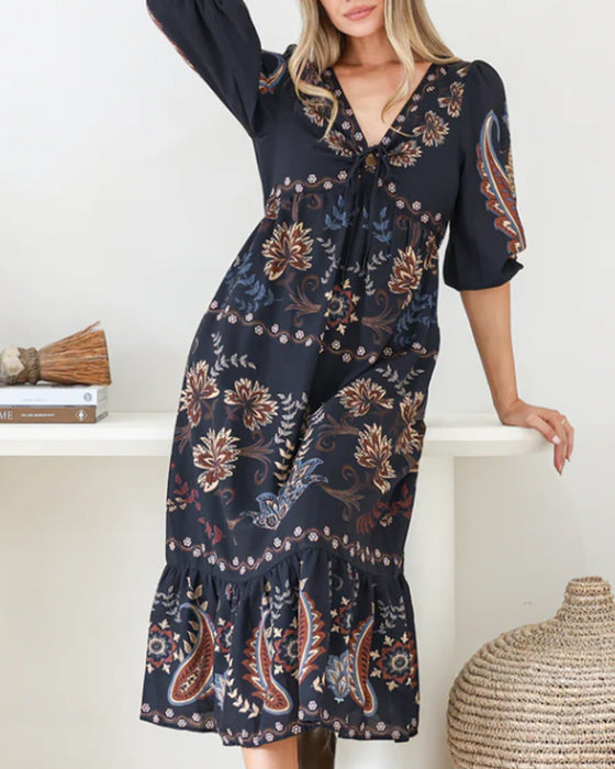 Kleid V-Ausschnitt Blasenärmel