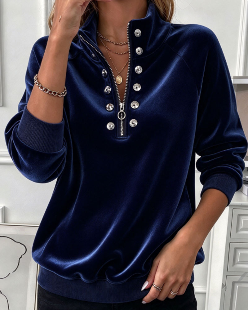 Sweatshirt Rollkragen Reißverschluss Knopf Langarm