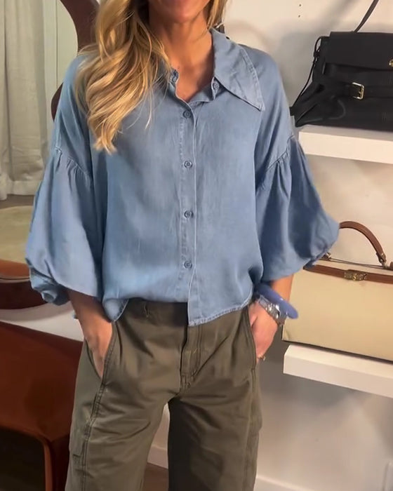 Bluse Puff Ärmel Kurz Kragen