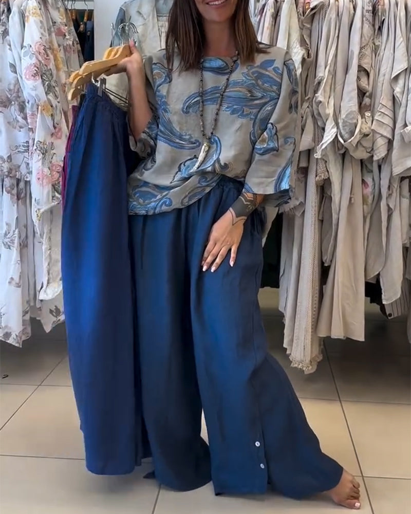 Hose elastische Taille Knopf-Deko Weitbein lang