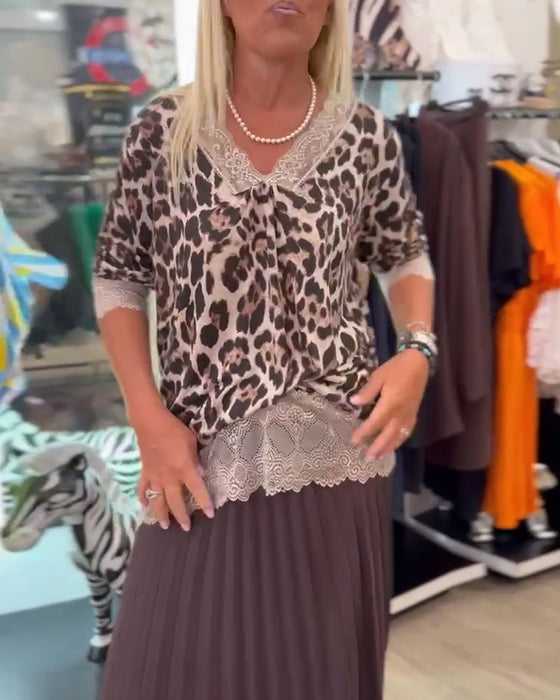 Bluse V-Ausschnitt Leopardenmuster Spitzen-Einsätze
