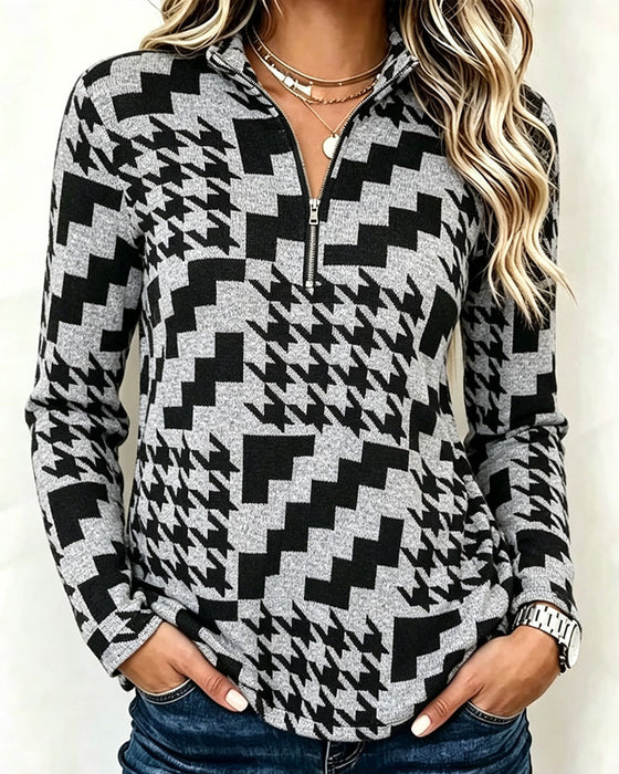 Top Hahnentritt Halb-Zip Stehkragen Langarm