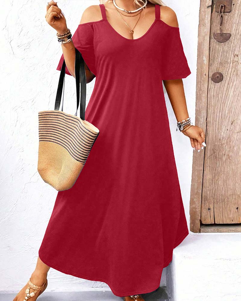 Kleid Einfarbig V-Ausschnitt Off-Shoulder Lang