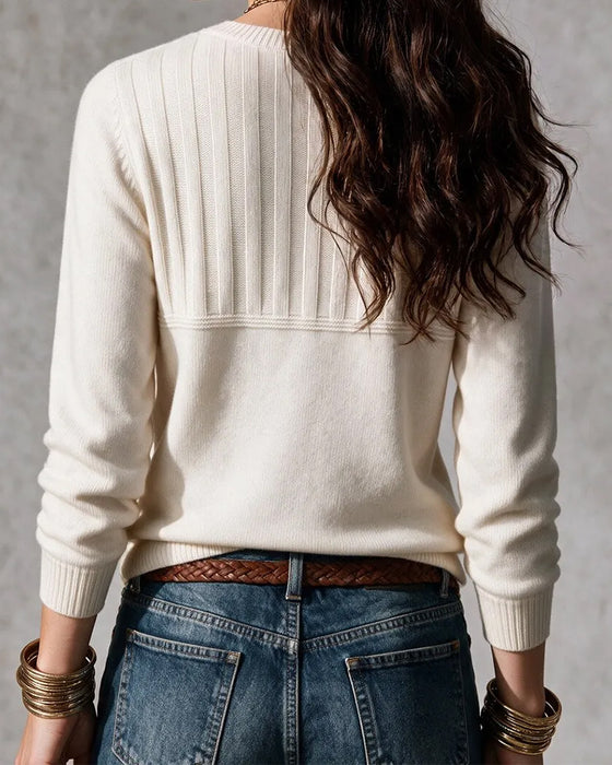 Pullover Rundhals Streifen Knopf Vorne Uni Gestrickt