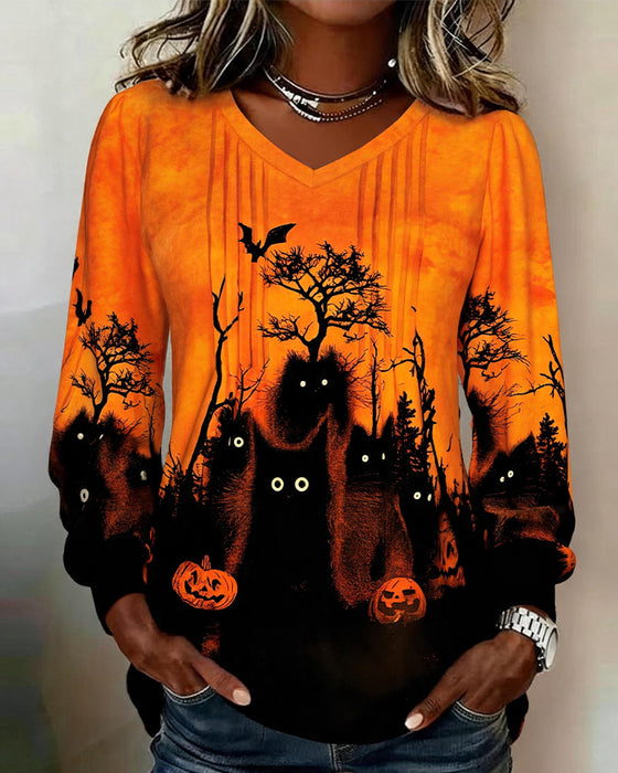 Oberteil V-Ausschnitt Gerafft Halloween Langarm