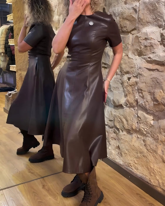 Kleid Pu Leder Tailliert Kurzärmlig
