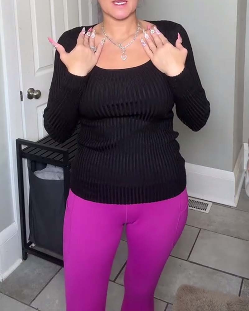 Lässiges, einfarbiges T-Shirt mit U-Ausschnitt und langen Ärmeln