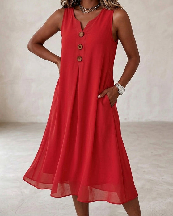 Kleid Knopf Gerafft Ärmellos
