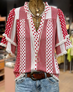 Bluse V-Ausschnitt Tupfen Franse Patchwork