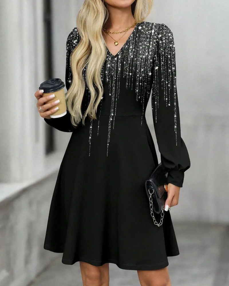 Kleid V-Ausschnitt Langarm A-Linie