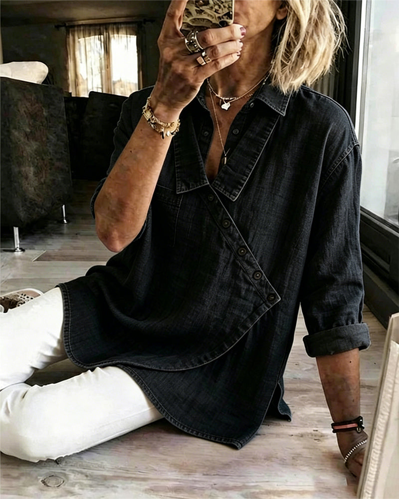 Bluse Einfarbig Diagonaler Knopf Revers Langarm