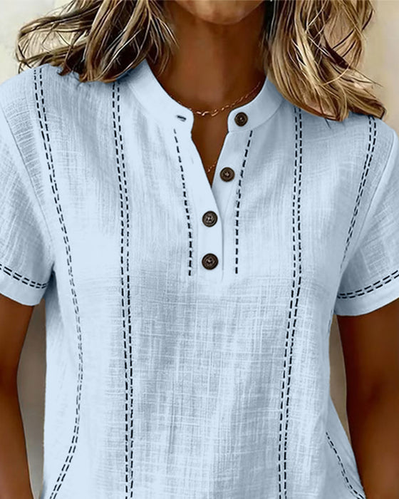 T-Shirt Mode Lässig Knopf V-Ausschnitt