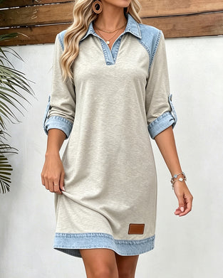 Kleid Denim Patchwork Polo Kragen Langer Ärmel