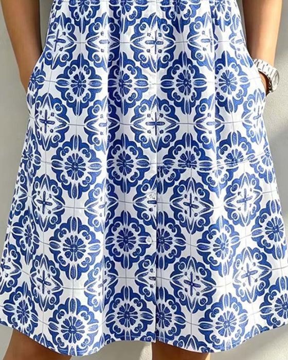 Kleid Hemdkragen Tasche Print