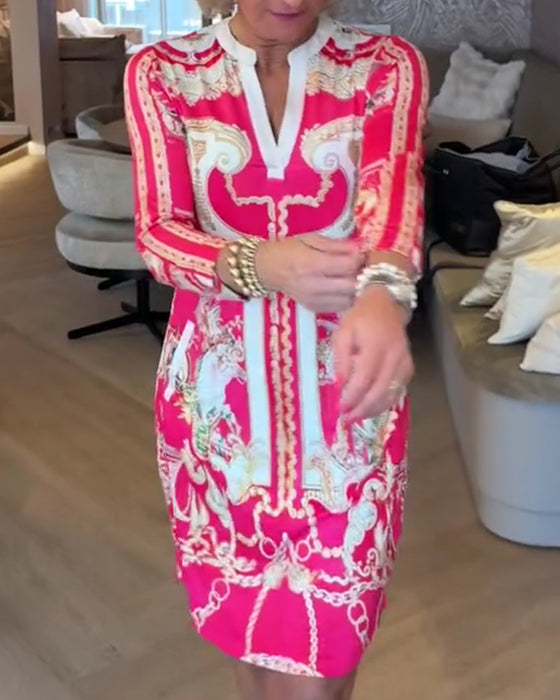 Kleid V-Ausschnitt Dreiviertelarm Bedruckt Gerade