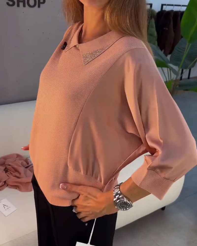 Pullover Revers Ellenbogenlang Ärmel Gestrickt Elegant