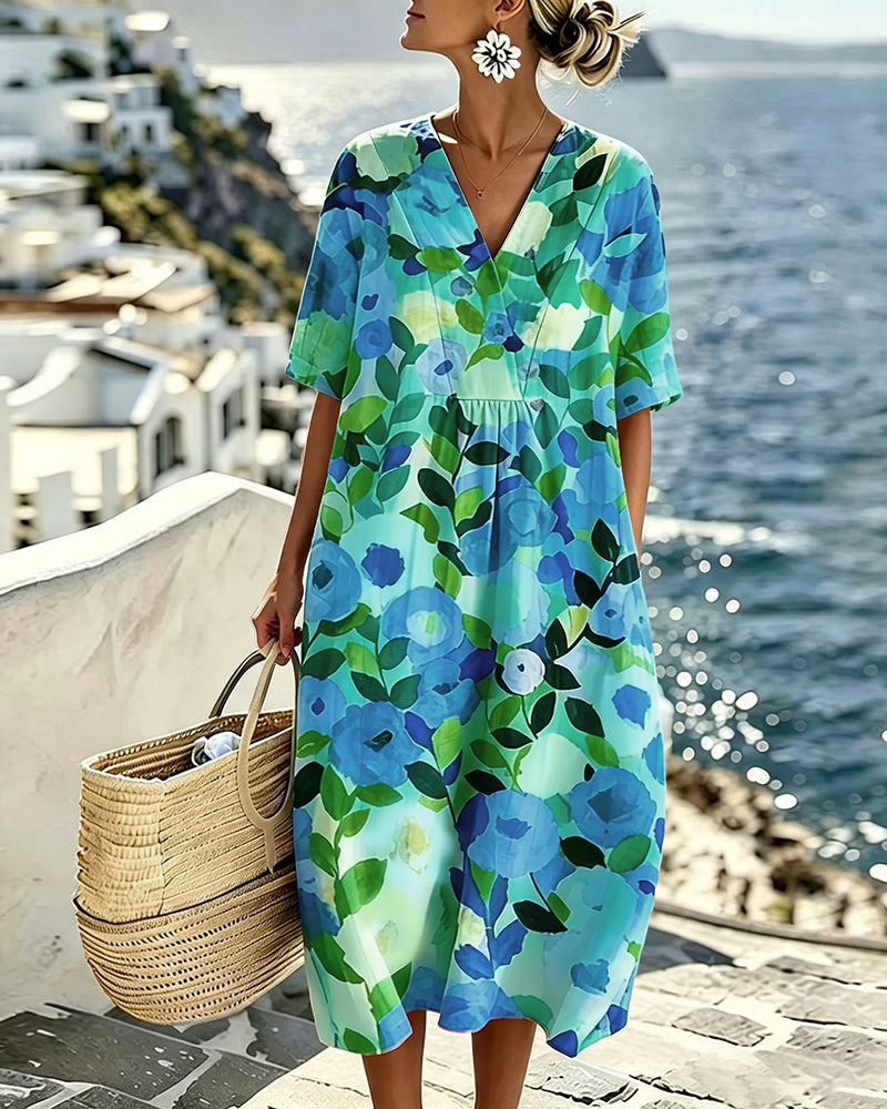 Kleid Aquarell Blumen V-Ausschnitt