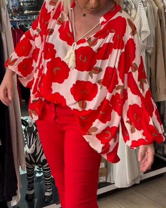 Bluse Große Blume Bindung V-Ausschnitt
