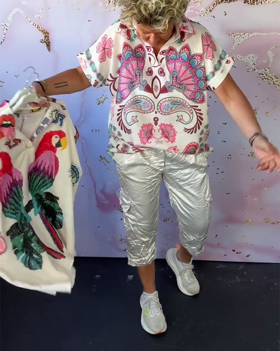 Bluse Revers Kurzarm Bedruckt