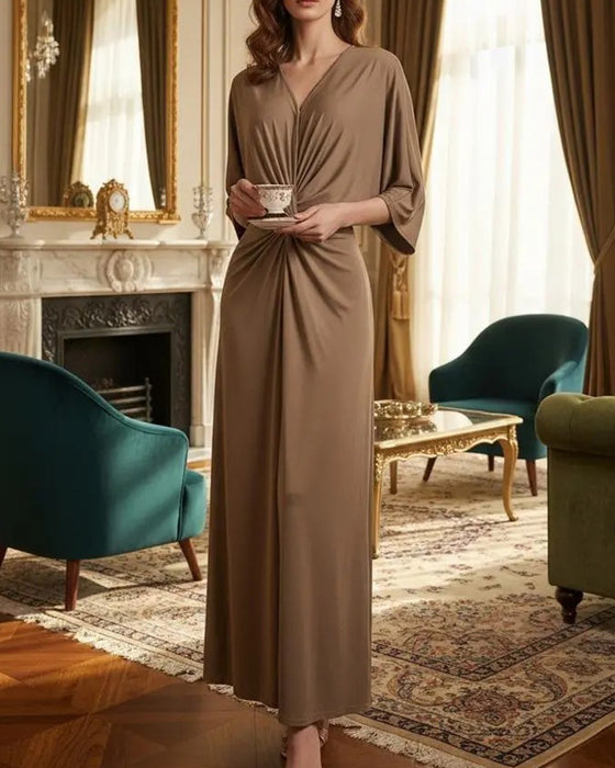Einfarbiges V‑Ausschnitt Freizeitkleid