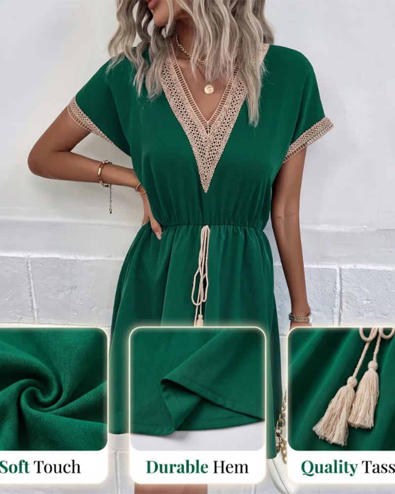 Kleid Frühling-Herbst V-Ausschnitt Spitzenbesatz Figurbetonte Taille