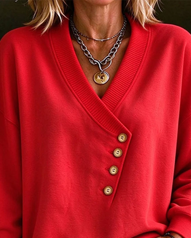 Sweatshirt Diagonal Knopf V-Ausschnitt Pullover