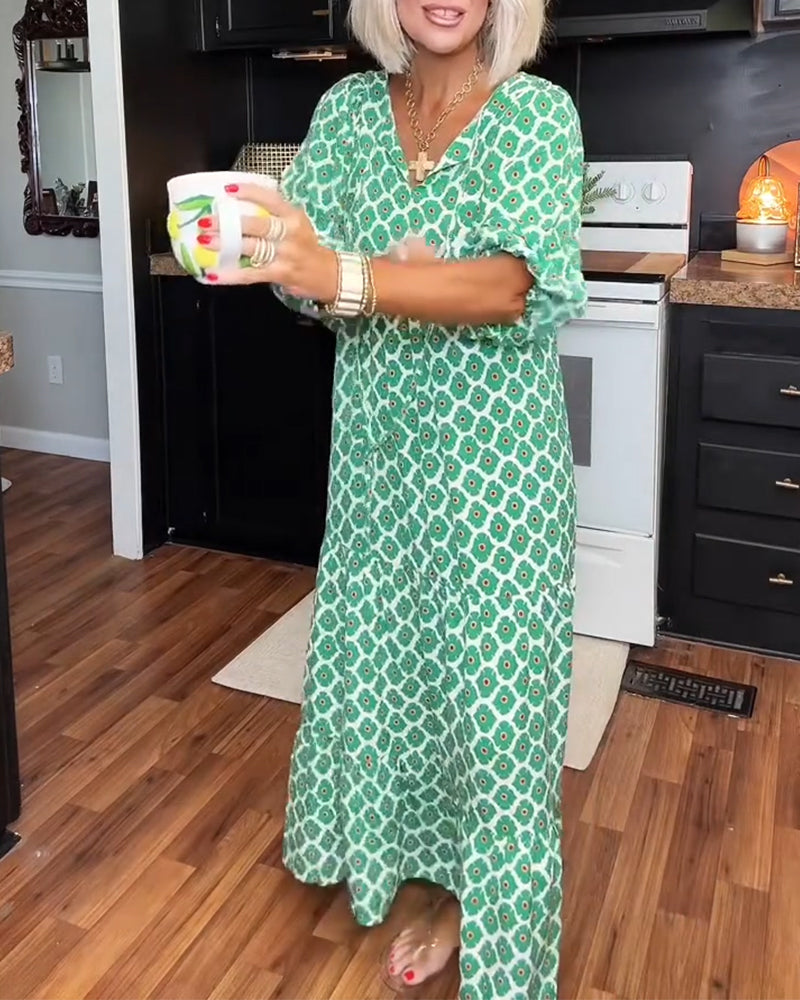 Kleid Diamant Druck V-Ausschnitt Maxi Gestuft