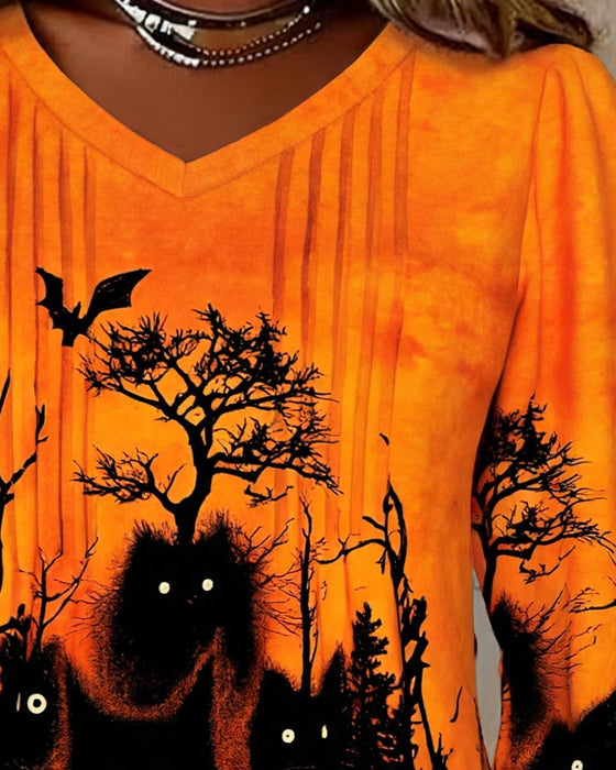 Oberteil V-Ausschnitt Gerafft Halloween Langarm