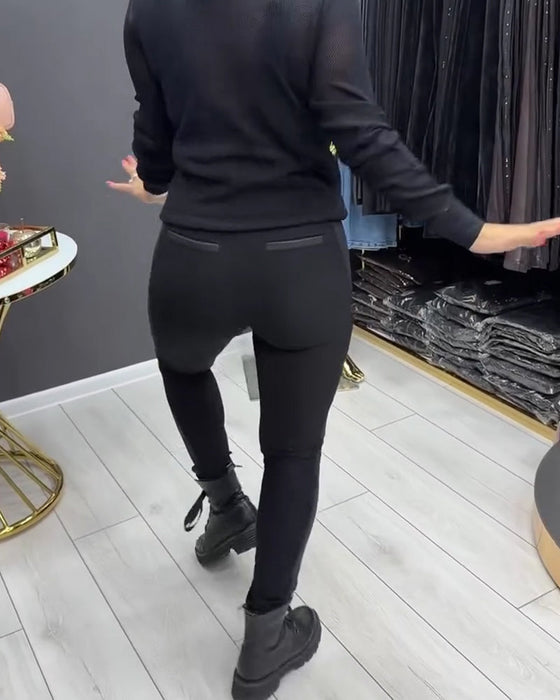 Leggings PU Patchwork Reißverschluss Verziert