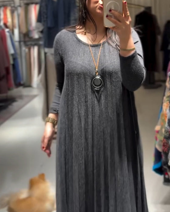 Kleid Runder Halsausschnitt Gekräuselt Locker Lang