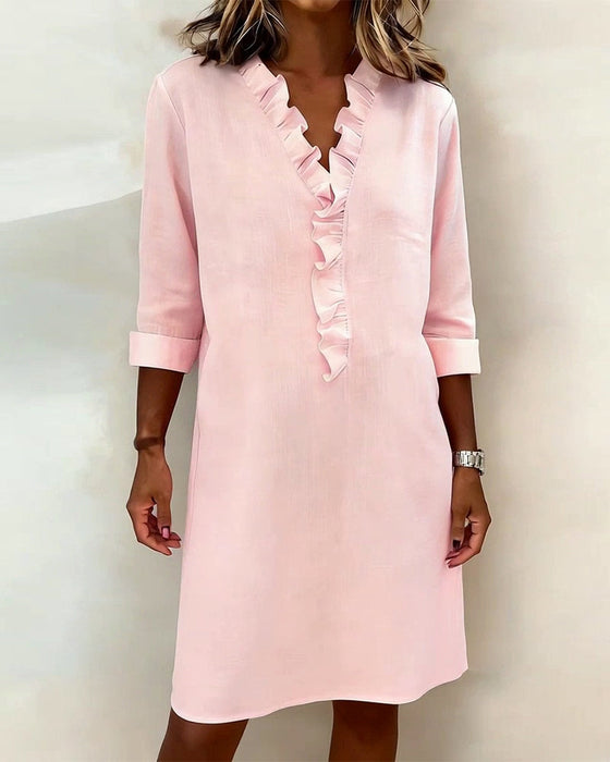 Kleid gerüscht V-Ausschnitt einfarbig