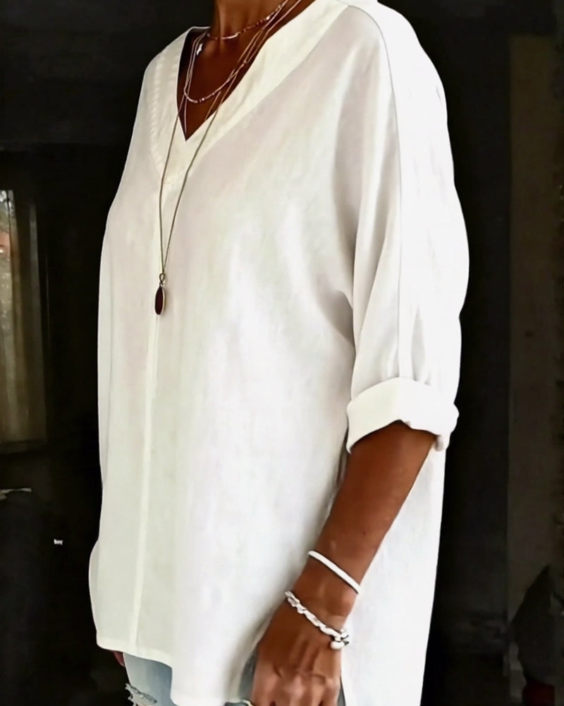 Top V-Ausschnitt Sieben-Ärmel Geteilt Baumwolle Leinen