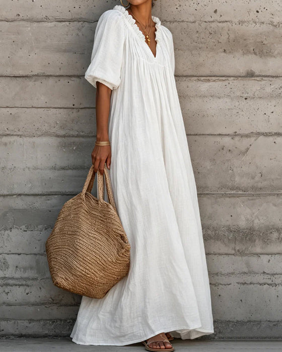 Kleid Rein Weiß Blasenärmel Voll Rock Maxi