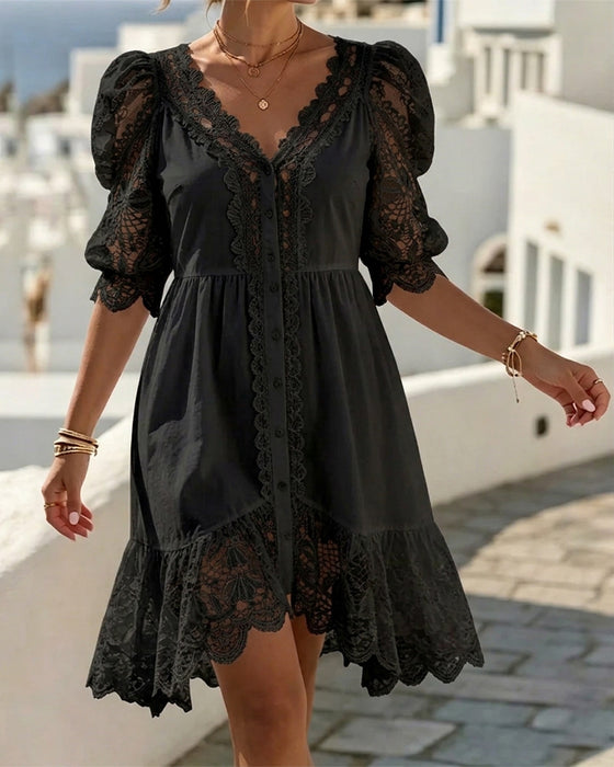 Kleid Puffärmel Spitze Kurz