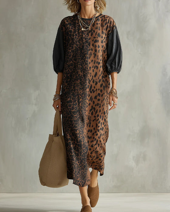 Kleid Leopardenmuster Farbblock Puffärmel
