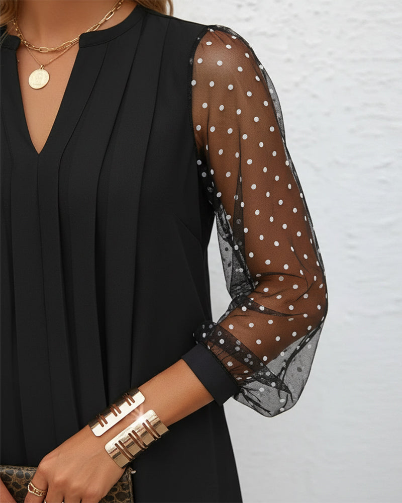 Kleid Mit V-Kragen Design, Netzgewebe Und Schlankender Passform