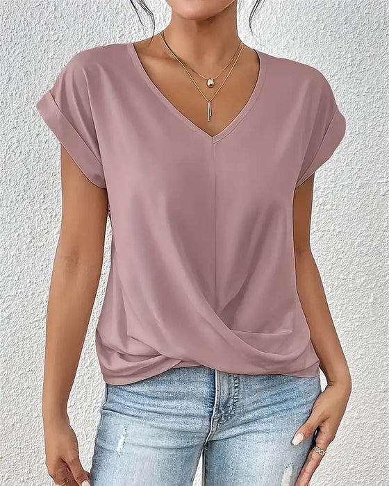 T-Shirt V-Ausschnitt Einfarbig Elegant Kurzarm